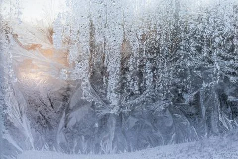 Frost pattern on the window. Beautiful frosty drawing. Abstract winter Stock Photos
