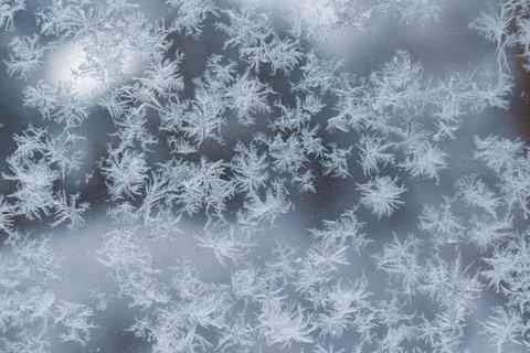 Frost patterns and delicate snow crystals on a glass window pane Stock Photos