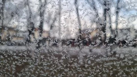 Frost patterns on a window with blurred winter landscape in the background. Stock Photos