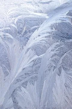 Frost patterns on a window creating intricate and delicate icy formations Stock Photos