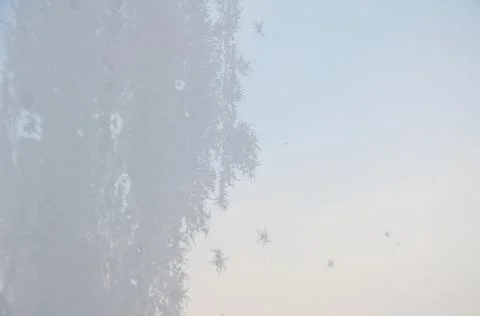 Frost structure on window against the background of sky during winter day. Stock Photos