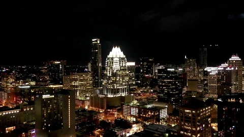 Frost Tower Nighttime Drone Video Downtown Austin Texas USA Stock Footage 128930111