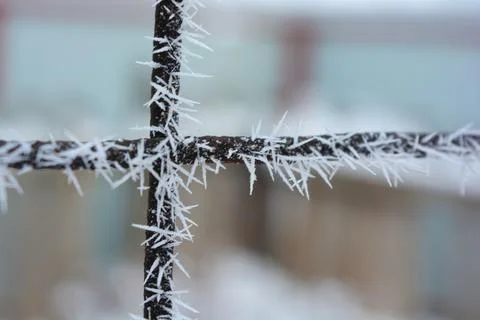 Frost, white snowflakes with sharp corners glued to the dark old metal. 写真素材