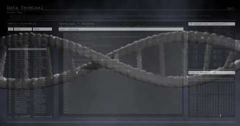 Frosted 3D DNA helix floating across interface, showing credentials, code Stock Footage 308658755