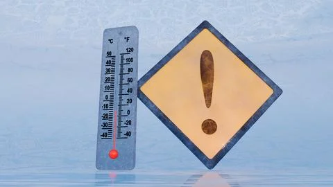 A frosted analog thermometer and a warning sign on an ice. Stock Illustration