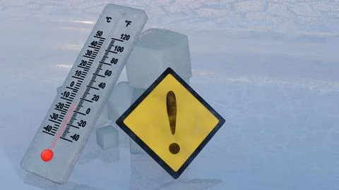 A frosted analog thermometer and a warning sign on an ice. Stock Illustration