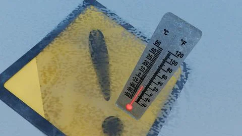 A frosted analog thermometer and a warning sign on an ice. Stock Illustration