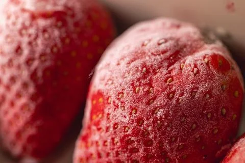 Frosted and thawed bright red strawberries: an ultimate macro close-up. 写真素材