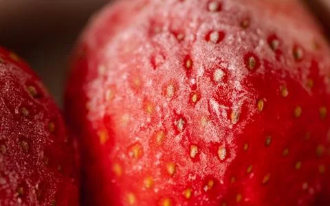 Frosted and thawed bright red strawberries: an ultimate macro close-up. Фото