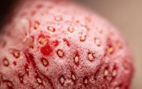 Frosted and thawed bright red strawberries: an ultimate macro close-up. Photos