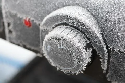 The Frosted Control Dial on a Cold Day Reflects Design Elements of Winter in an Stock Photos
