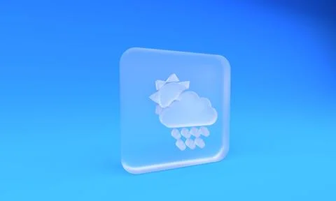 Frosted glass Cloud with rain and sun icon isolated on blue background. Rai.. Stock Illustration