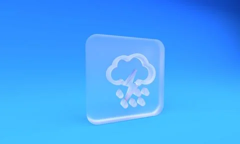 Frosted glass Cloud with rain and lightning icon isolated on blue backgroun.. 库存插图
