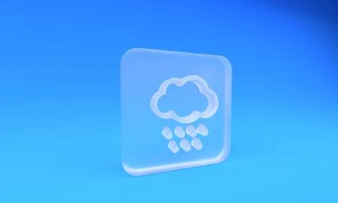 Frosted glass Cloud with rain icon isolated on blue background. Rain cloud .. Stock Illustration