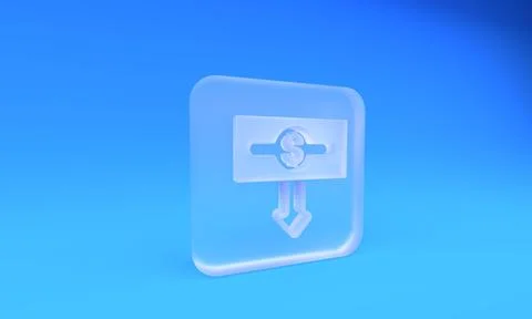 Frosted glass Dollar rate decrease icon isolated on blue background. Cost r.. Stock Illustration