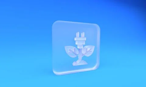 Frosted glass Electric saving plug in leaf icon isolated on blue background.. Stock Illustration