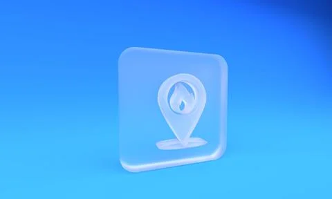 Frosted glass Map pointer with fire flame icon isolated on blue background... Stock Illustration