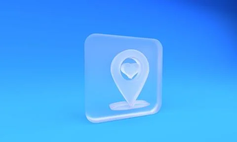 Frosted glass Map pointer with heart icon isolated on blue background. Squa.. Stockillustratie