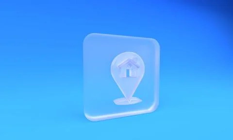 Frosted glass Map pointer with house icon isolated on blue background. Home.. Stock Illustration