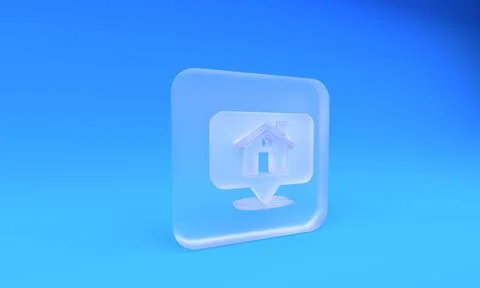 Frosted glass Map pointer with house icon isolated on blue background. Home.. Stock Photos