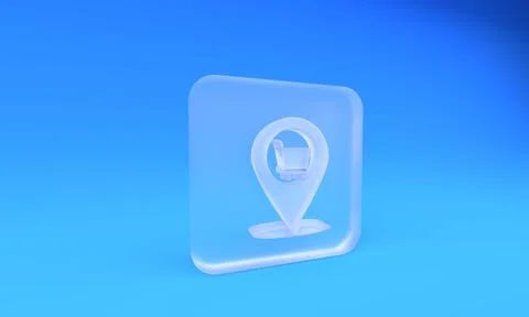 Frosted glass Map pointer with shopping cart icon isolated on blue backgrou.. Stockillustratie