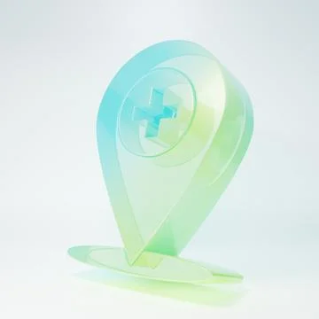 Frosted glass Medical map pointer with cross hospital icon isolated on whit.. Illustrazione stock