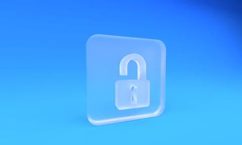 Frosted glass Open padlock icon isolated on blue background. Opened lock si.. Illustrazione stock