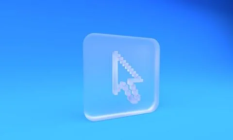 Frosted glass Pixel arrow cursor icon isolated on blue background. Square f.. Illustrazione stock
