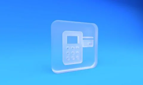 Frosted glass Pos terminal with inserted credit card icon isolated on blue .. Stock Illustration