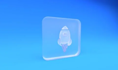 Frosted glass Rocket ship with fire icon isolated on blue background. Space.. Illustrazione stock