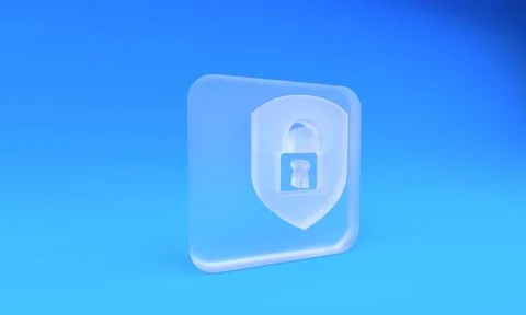 Frosted glass Shield security with lock icon isolated on blue background. P.. Stock Photos