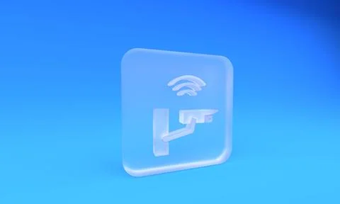 Frosted glass Smart security camera icon isolated on blue background. Inter.. Illustrazione stock