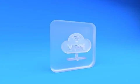 Frosted glass VPN Network cloud connection icon isolated on blue background.. Illustrazione stock