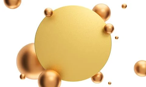 Frosted gold circle, surrounded with copper spheres at zero gravity. Stock Illustration