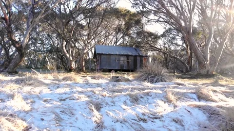 Frosted Grass in Winter in Front of High Country Hut Low Aerial 4K View Stock Footage 136670394
