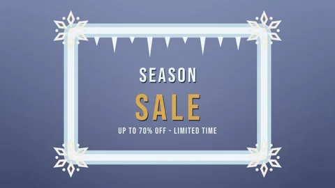 Frosted ice frame with dangling icicles framing a Season Sale banner and up Stockbeeldmateriaal 348702892