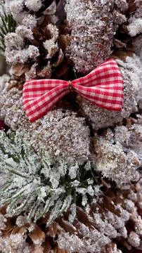 Frosted pine cones, red gingham bow, and berries creating a rustic Christma.. Stock Photos