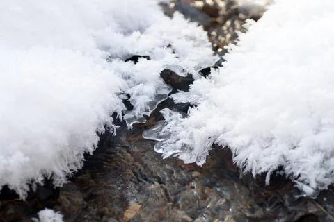 Frosty beautiful patterns on a mountain river Stock Photos