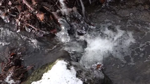 Frosty flowing mountain stream with ice and ice floes in December Stock Footage 166746817