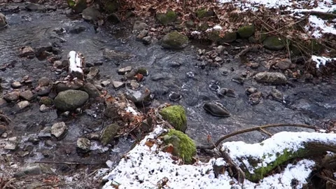 Frosty flowing mountain stream with ice and ice floes in December Stock Footage 166748986