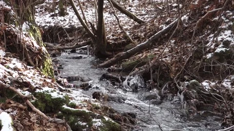 Frosty flowing mountain stream with ice and ice floes in December Stock Footage 166750360