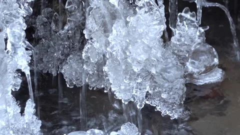 Frosty flowing mountain stream with ice and ice floes Stock Footage 326010764