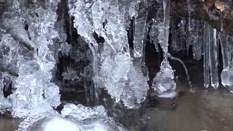 Frosty flowing mountain stream with ice and ice floes Stock Footage 326011085