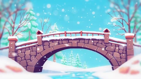 Frosty Passageway: A Stonework Cartoon Bridge Gracefully Arched Over a Stream i Stock Footage 308844396
