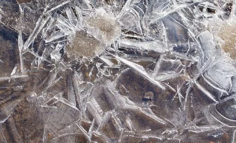 Frosty pattern on the surface of a frozen puddle. Stock Photos