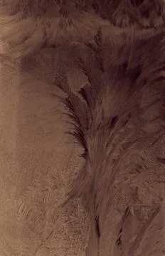 Frosty pattern on the window draws winter coffee color 스톡 사진