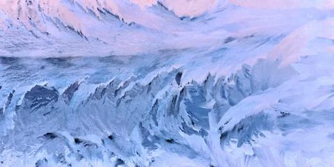 Frosty pattern on the window draws winter purple color 스톡 사진