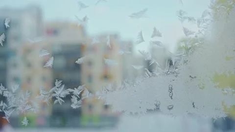 Frosty pattern on the windows. winter plaque with a pattern on the windows Stock Footage 205399796