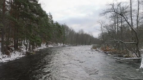 Frosty river flows in cloudy weather Stock Footage 293693443
