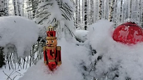 A frosty winter forest. A Christmas tree stands amidst white snowdrifts. Stock Footage 323165522
